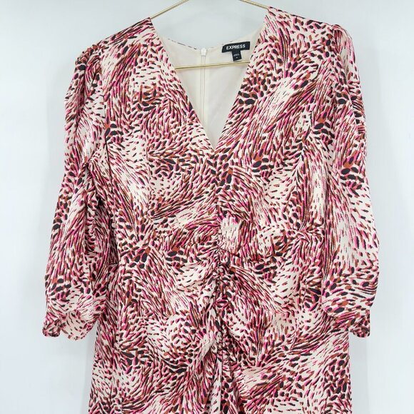 Express Women's Abstract Print Puff Sleeve Ruched Front Hi-Lo Midi Dress XL - Picture 4 of 12